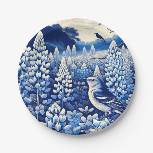 Texas Bluebonnets en Northern Mockingbird Texan Papieren Bordje (Voorkant)