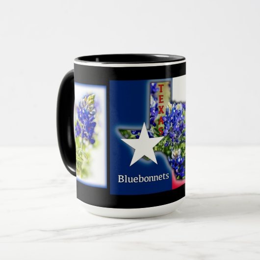 Texas Bluebonnets en statkleuren op zwart mok (Voorkant links)