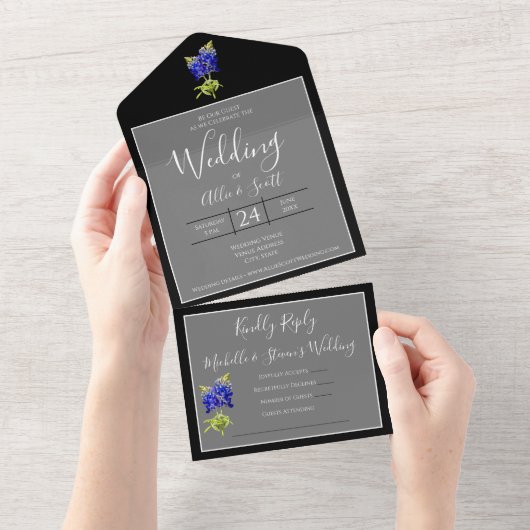 Texas Bluebonnets op Dark Grey, Spring Wedding All In One Uitnodiging (Afscheurbaar)