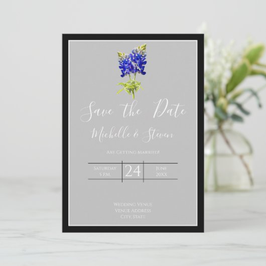 Texas Bluebonnets op Light Grey, Spring, Save Date Kaart (Staand voorkant)