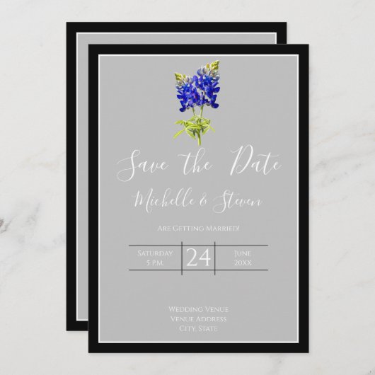 Texas Bluebonnets op Light Grey, Spring, Save Date Kaart (Voorkant / Achterkant)