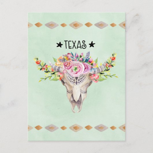 Texas Boho Koe schedel met bloemen chic Trendy Briefkaart (Voorkant)