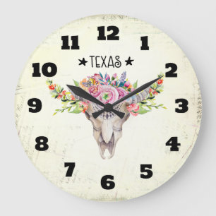 Texas Boho Koe schedel met bloemen chic Trendy Grote Klok