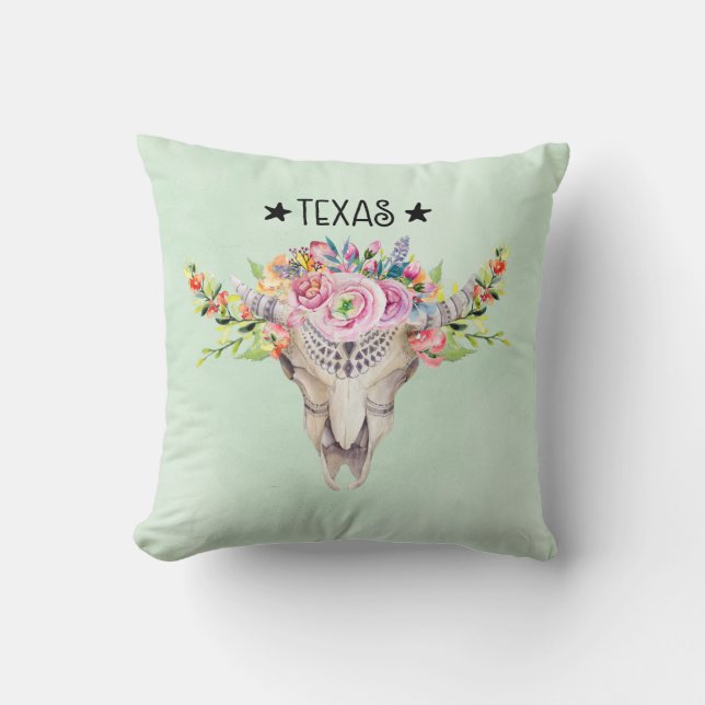 Texas Boho Koe schedel met bloemen chic Trendy Kussen (Voorkant)
