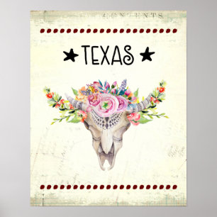 Texas Boho Koe schedel met bloemen chic Trendy Poster