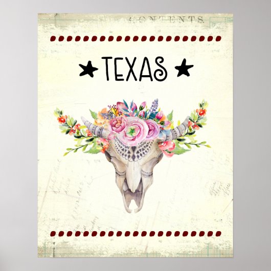 Texas Boho Koe schedel met bloemen chic Trendy Poster (Voorkant)