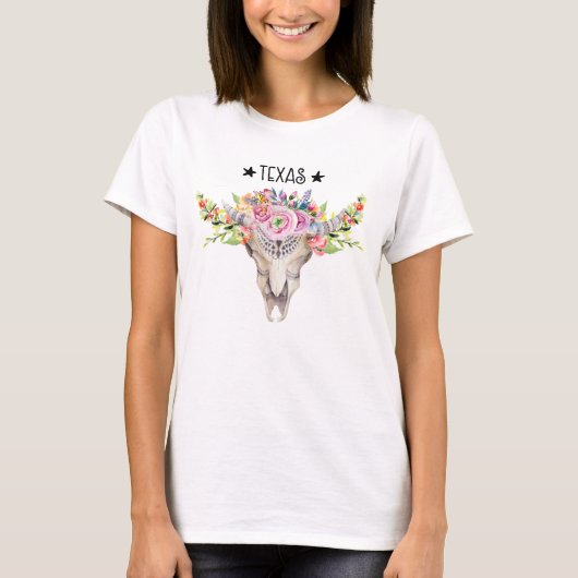 Texas Boho Koe schedel met bloemen chic Trendy T-shirt (Voorkant)