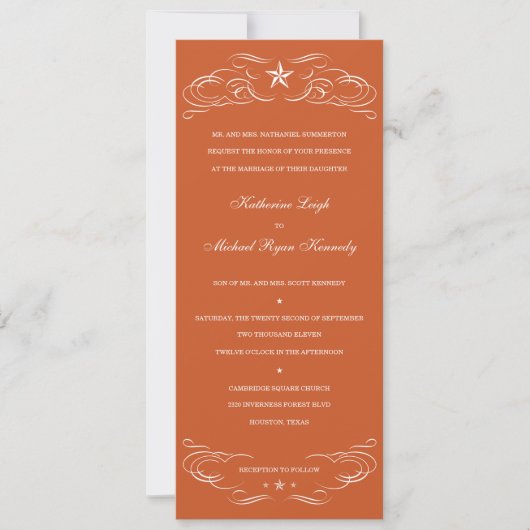 Texas Burnt Oranje Lone Star Wedding Invitations Kaart (Voorkant)