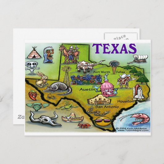 TEXAS Cartoon Map Briefkaart (Voorkant / Achterkant)