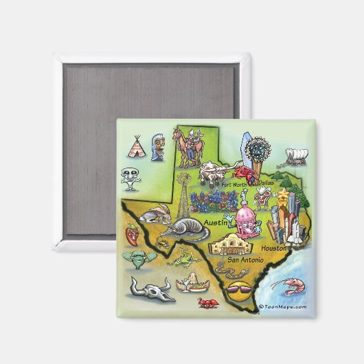 Texas Cartoon Map Magneet (Voorkant / Achterkant)