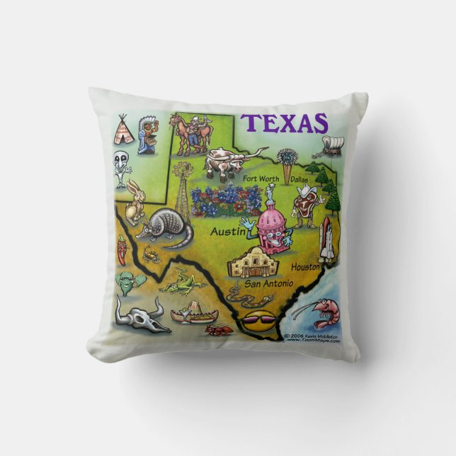 Texas Cartoon Map Pillow Kussen (Voorkant)