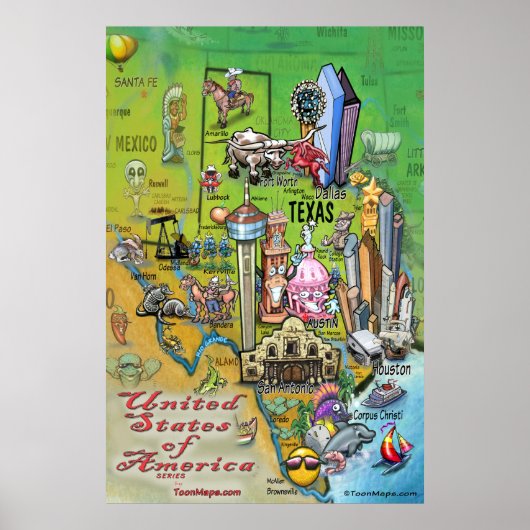Texas Cartoon Map Poster (Voorkant)