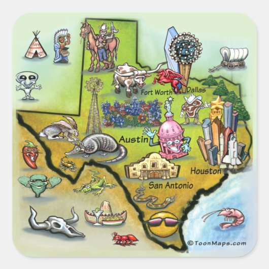 Texas Cartoon Map Vierkante Sticker (Voorkant)