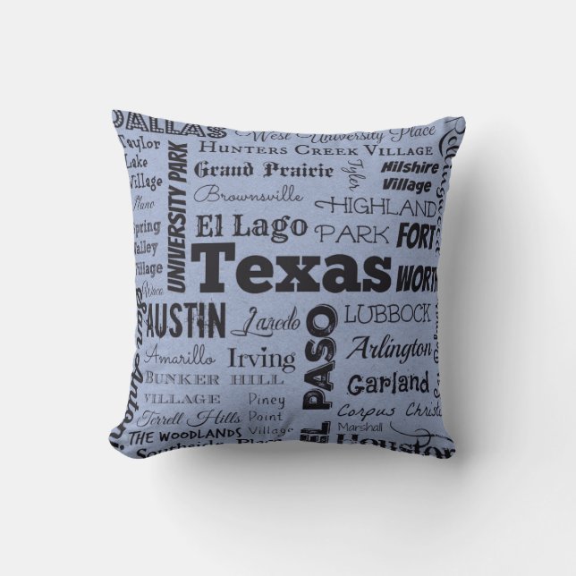 Texas Cities Typografie gooit kussen blauw (Voorkant)