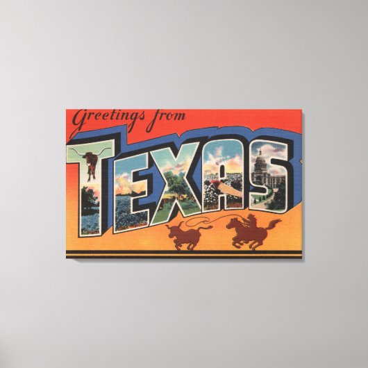 Texas (Cowboy Roping Bull) Grote lettertjes Canvas Afdruk (Voorkant)