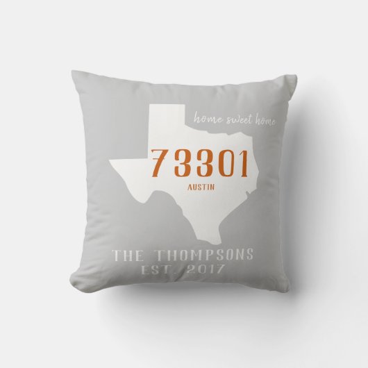 Texas Custom Town Zip Code Home Pillow Oranje Grey Kussen (Voorkant)