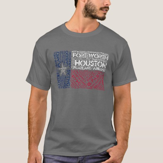 Texas Flag met City Names Word Art T-shirt (Voorkant)