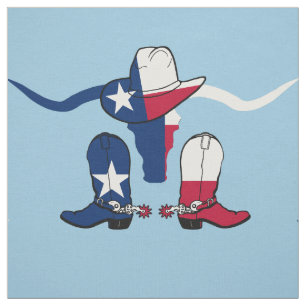 Texas Flag Steer, Boots en Cowboy Pet op Lt BLue Stof