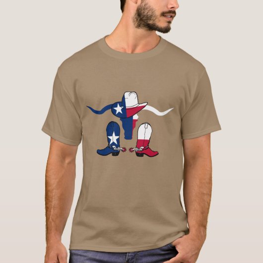 Texas Flag Steer Head met Cowboy Pet en Boots T-shirt (Voorkant)