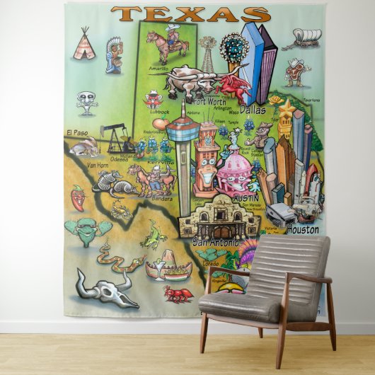 Texas Fun Map Tapestry Wandkleed (In situ)
