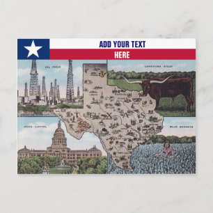 Texas Greetings briefkaart - State Map & Uitzichte