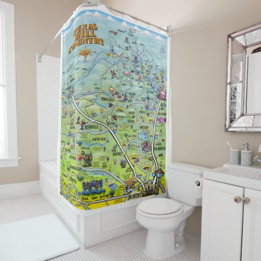 Texas Hill Country Cartoon Kaart Douchegordijn (In situ)