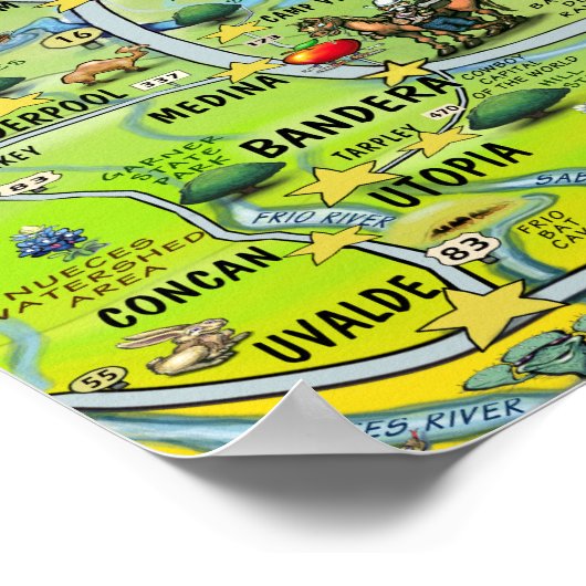 Texas Hill Country Cartoon Map Poster (Hoek)