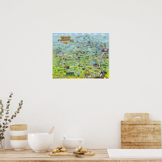 Texas Hill Country Cartoon Map Poster (Keuken)