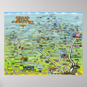 Texas Hill Country Cartoon Map Poster