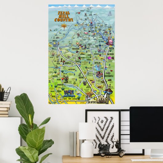 Texas Hill Country Cartoon Map Poster (Thuiskantoor)