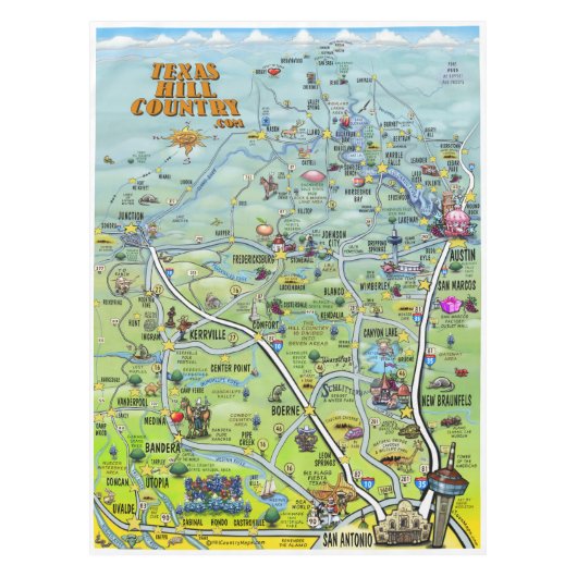 Texas Hill Country Cartoon Map Tafelkleed (Voorkant)