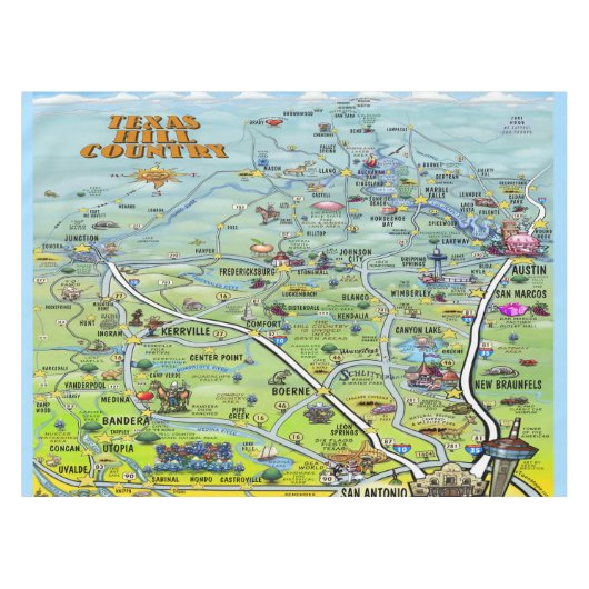 Texas Hill Country Cartoon Map Tafelkleed (Voorkant (Horizontaal))