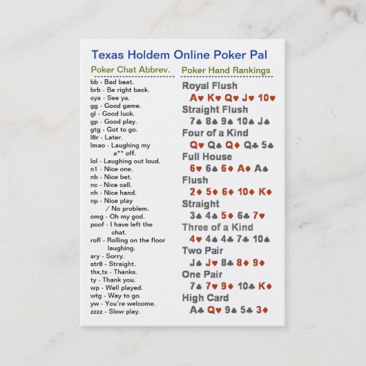 Texas Holdem Online Poker Pal Visitekaartje (Voorkant)