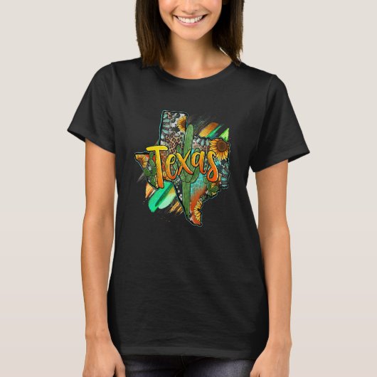 Texas Kaart Leopard Zonnebloem Texas Onafhankelijk T-shirt (Voorkant)