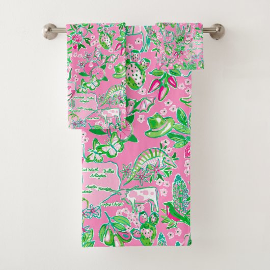 Texas Kaart Roze & Groene Preppy Patroon Bad Handdoek (Insitu)