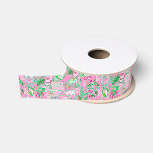 Texas Kaart Roze & Groene Preppy Patroon Grosgrain Lint
