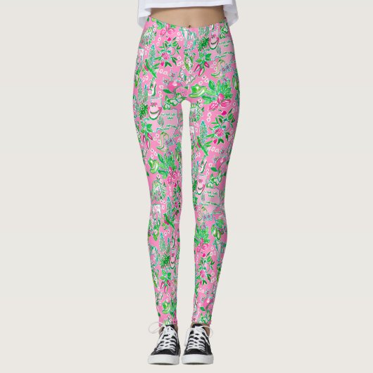 Texas Kaart Roze & Groene Preppy Patroon Leggings (Voorkant)