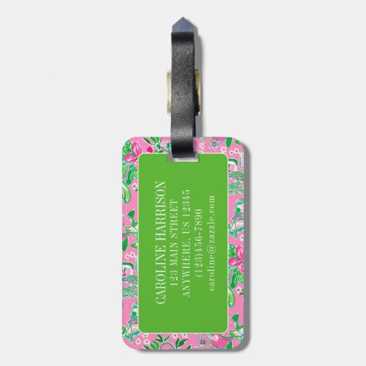 Texas Kaart Roze & Groene Preppy Patroon Monogramm Bagagelabel (Achterkant verticaal)