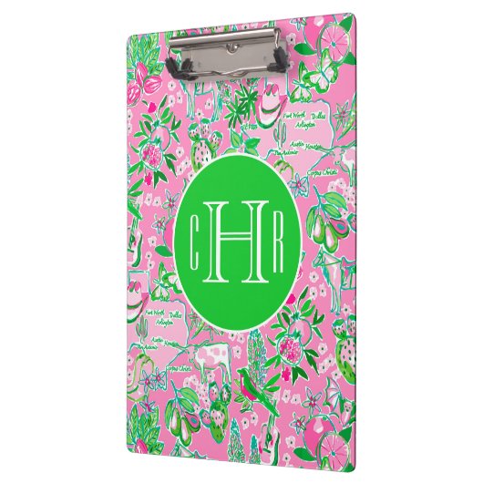 Texas Kaart Roze & Groene Preppy Patroon Monogramm Klembord (Links)