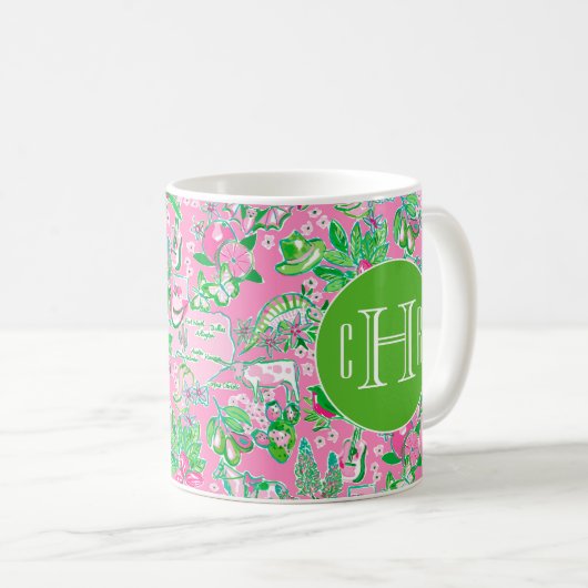 Texas Kaart Roze & Groene Preppy Patroon Monogramm Koffiemok (Voorkant rechts)
