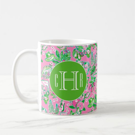 Texas Kaart Roze & Groene Preppy Patroon Monogramm Koffiemok (Links)