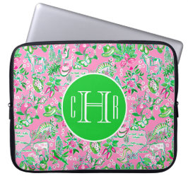 Texas Kaart Roze & Groene Preppy Patroon Monogramm Laptop Sleeve
