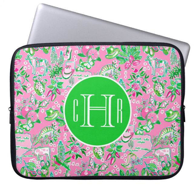Texas Kaart Roze & Groene Preppy Patroon Monogramm Laptop Sleeve (Voorkant)