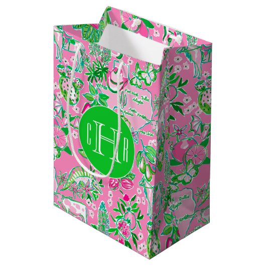 Texas Kaart Roze & Groene Preppy Patroon Monogramm Medium Cadeauzakje (Voorkant Gekanteld)