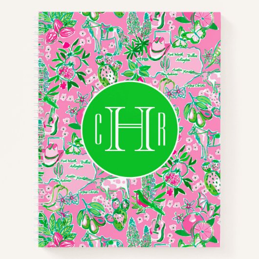 Texas Kaart Roze & Groene Preppy Patroon Monogramm Notitieboek (Voorkant)