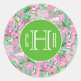 Texas Kaart Roze & Groene Preppy Patroon Monogramm Ronde Sticker