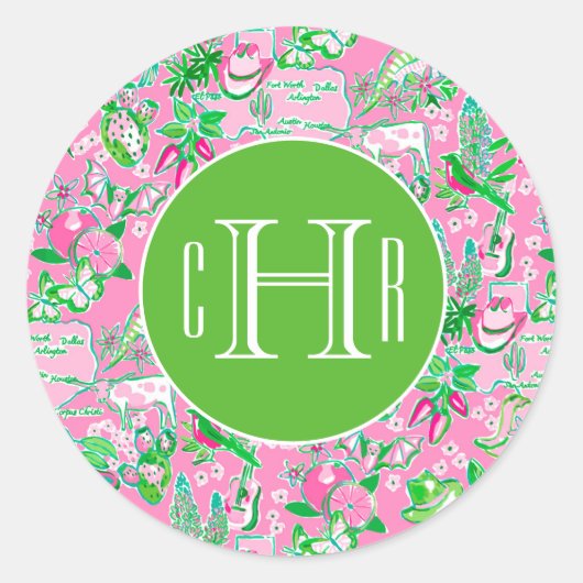 Texas Kaart Roze & Groene Preppy Patroon Monogramm Ronde Sticker (Voorkant)