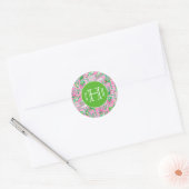 Texas Kaart Roze & Groene Preppy Patroon Monogramm Ronde Sticker (Envelop)