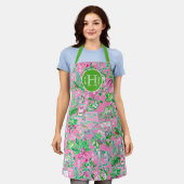 Texas Kaart Roze & Groene Preppy Patroon Monogramm Schort (Gedragen)