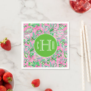 Texas Kaart Roze & Groene Preppy Patroon Monogramm Servet